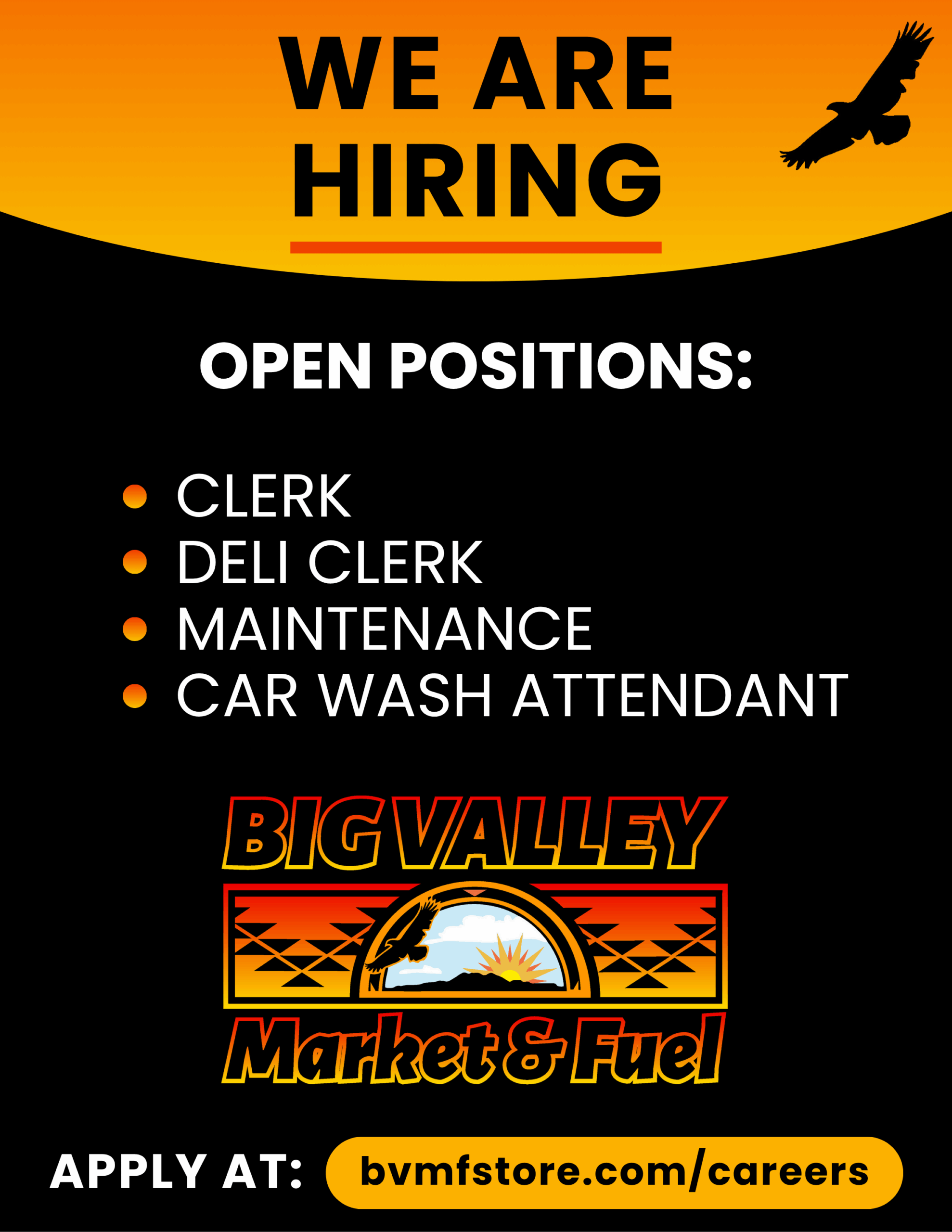 We're hiring job flyer (Clerk, Deli Clerk, Maintenance, and Car Was Attendant positions)